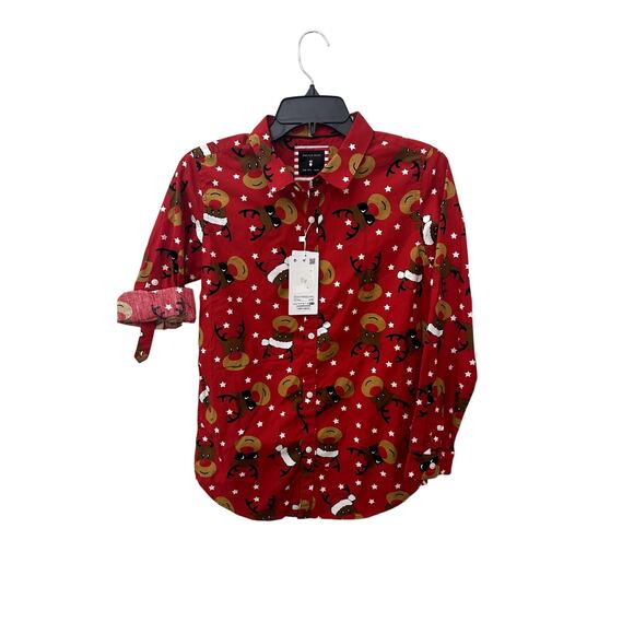 Cactus Boys Red Reindeer Roll Tab Button Down Shirt 11/12 NWT - Picture 1 of 8